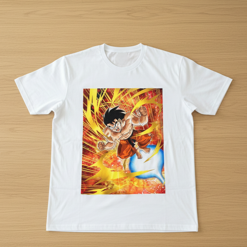 White sublimation T-shirt with colorful anime action design