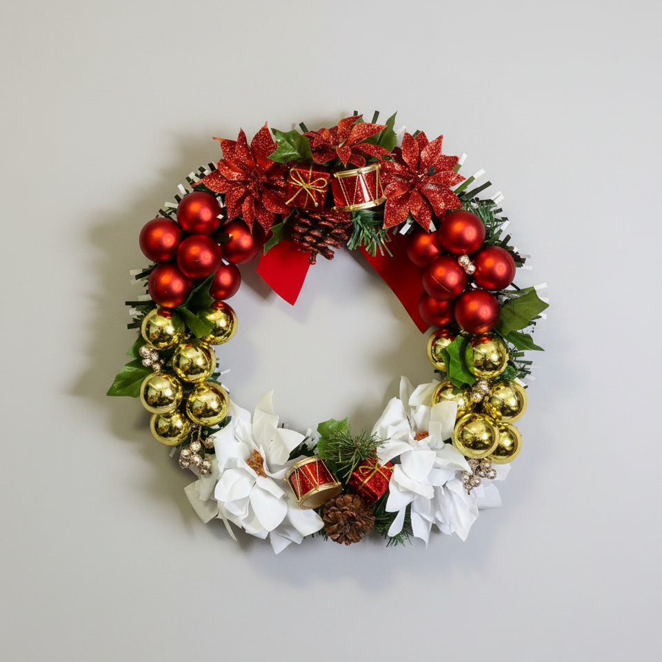 Handcrafted Christmas wreath with red and gold ornaments, white flowers, and greenery