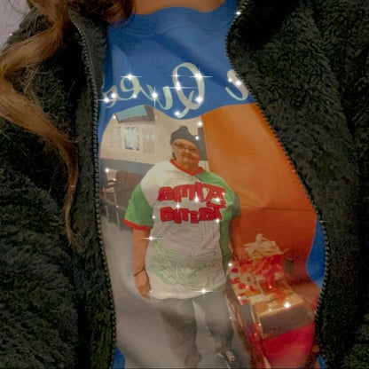 Woman wearing a blue personalized memorial photo T-shirt