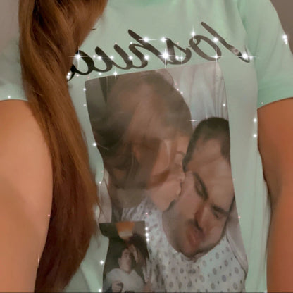 Woman wearing a light green personalized photo collage T-shirt