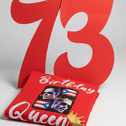 Red personalized 73rd Birthday Queen T-shirt with photo and crown design