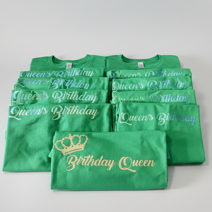 Green personalized Birthday Queen vinyl T-shirts with gold crown design