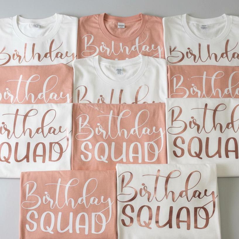 Pink and white personalized Birthday Squad vinyl T-shirts arranged together