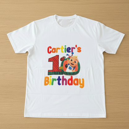 White personalized T-shirt with colorful Carter’s 1st Birthday design