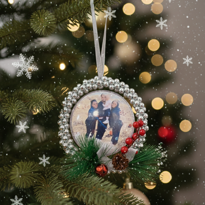 Personalized baby photo Christmas ornament with red bow and Merry Christmas text