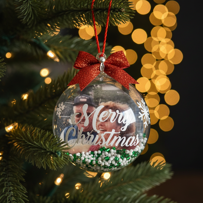 Personalized family photo Christmas ornament with silver rhinestones and holiday greenery