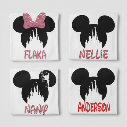 Four personalized white shirts with black mouse-ear silhouettes and names Flaka, Nellie, Nany, and Anderson