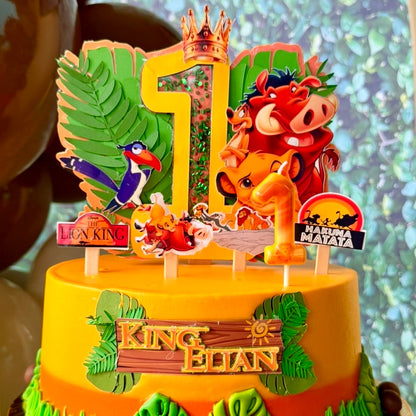 Custom 3D layered Lion King-themed cardstock cake topper with number 1, character cutouts, and personalized name plaque