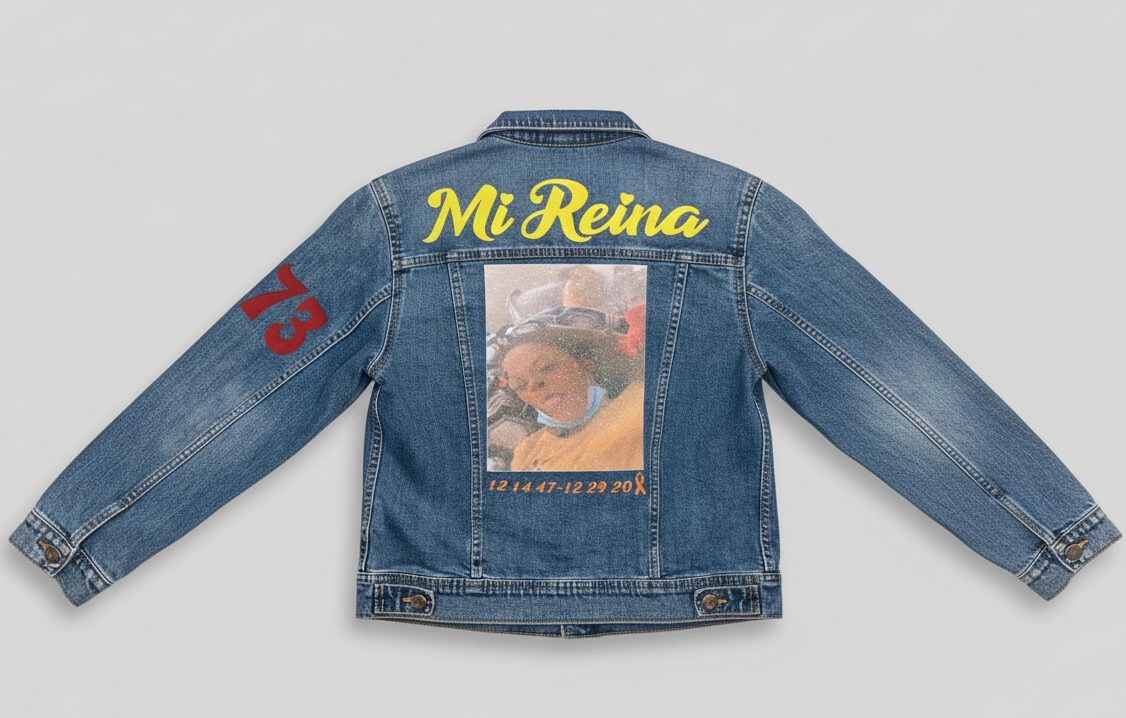 Blue personalized memorial denim jacket with photo, yellow Mi Reina text, and red 73 sleeve detail