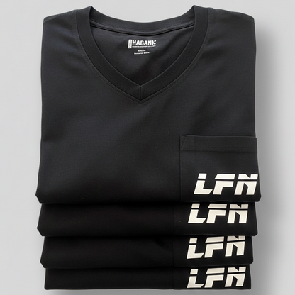 Stack of black personalized V-neck shirts with white LFN logo