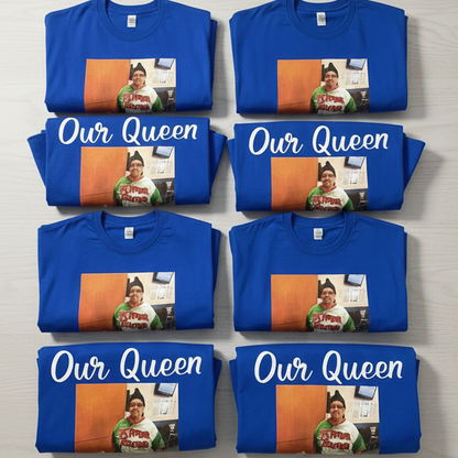 Blue personalized memorial T-shirts with photo and Our Queen text