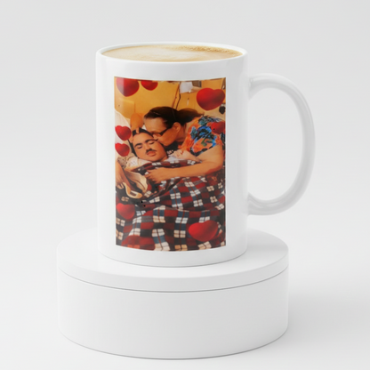 Personalized white mug with family photo surrounded by red balloons