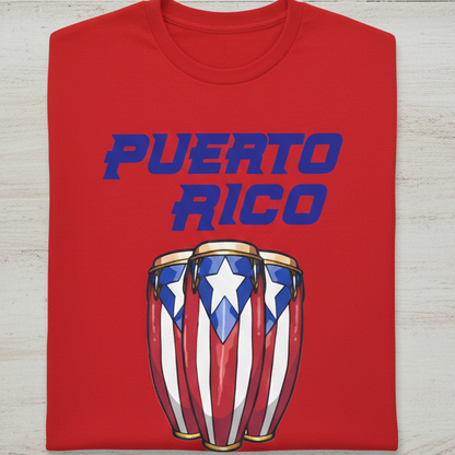 Red Puerto Rico T-shirt with blue lettering and Puerto Rican conga drum design