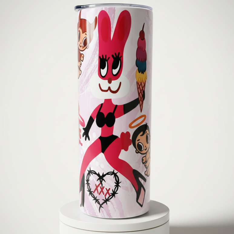 Tumbler with colorful character design on a white background