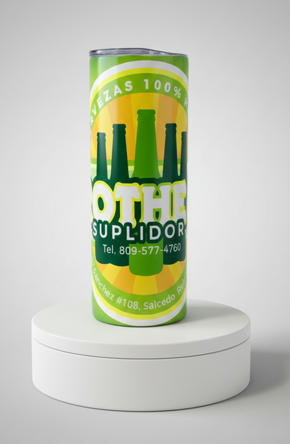 Green and yellow promotional 20 oz tumbler with beverage bottle design