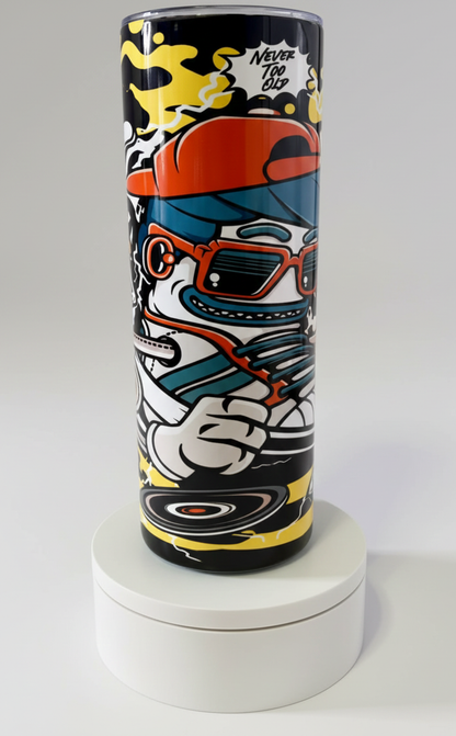 Colorful 20 oz tumbler with cartoon DJ and turntable design